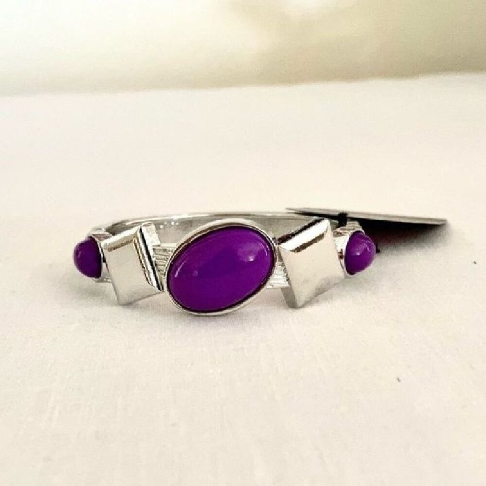 Silver Purple Hinged Cuff Bangle Bracelet Bold Oval Beads Antiqued Silvertone